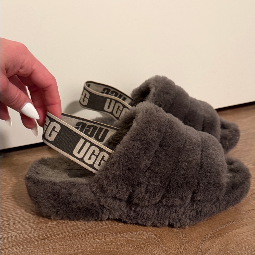 UGG Charcoal Fluffy Slides